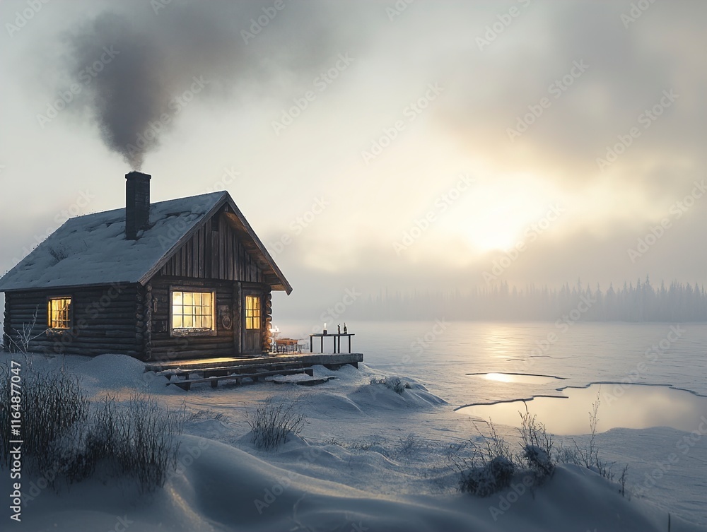 Cozy Log Cabin in a Winter Wonderland at Sunrise Cozy Log Cabin in a Winter Wonderland at Sunrise