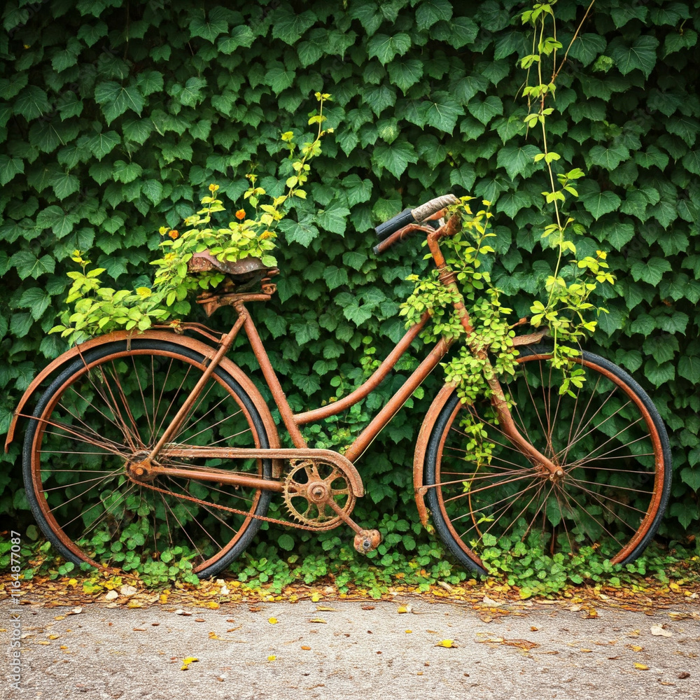 rusty bicycle leaning against green ivy wall with fallen autumn leaves rusty bicycle leaning against green ivy wall with fallen autumn leaves