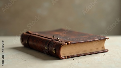 Aged Leather-Bound Journal with Antique Brass Clasps and Pins Resting on a Neutral Surface