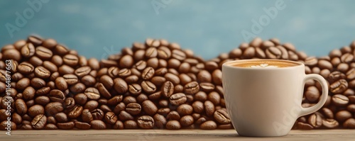 Minimal coffee idea. A cup of coffee with fresh beans in the background, showcasing rich flavors and warmth. photo