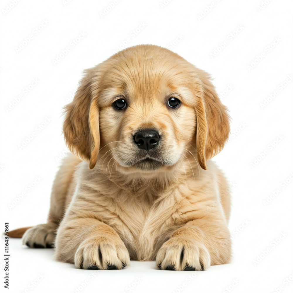 cute golden retriever puppy lying down with paws out looking at camera white background cute golden retriever puppy lying down with paws out looking at camera white background