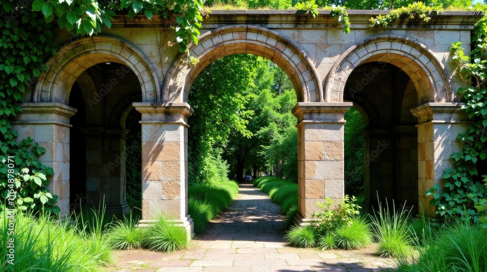 Stone Archway Pathway in a Lush Green Garden Stone Archway Pathway in a Lush Green Garden