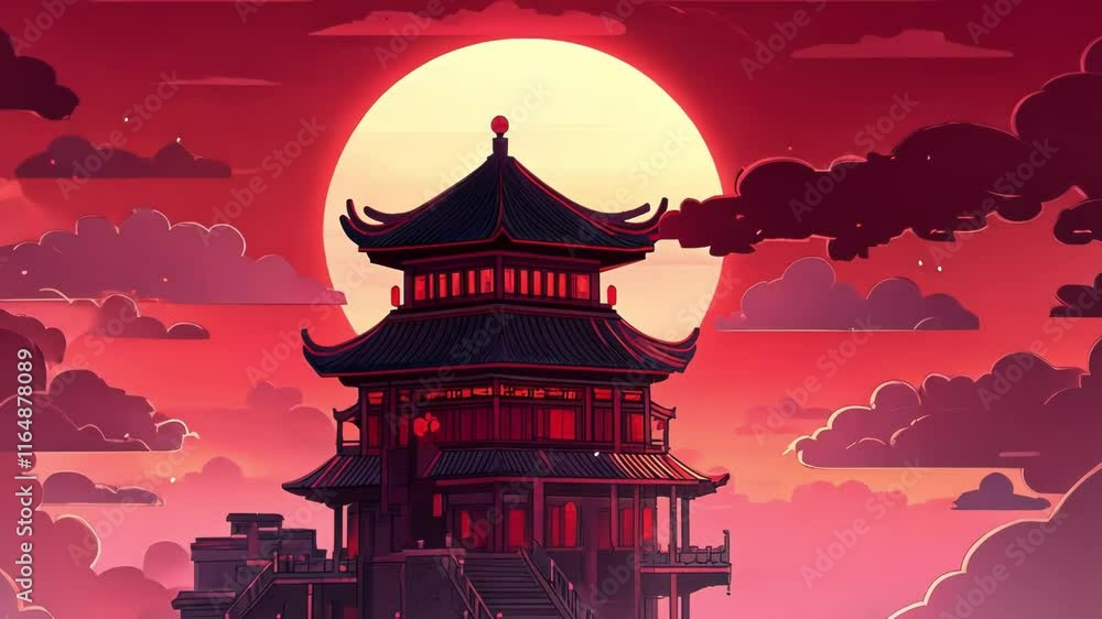 custom made wallpaper toronto digitalA serene pagoda silhouette against a vibrant sunset backdrop.