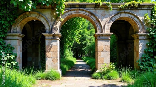 Stone Archway Pathway in a Lush Green Garden