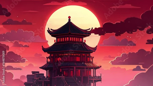 Wallpaper Mural A serene pagoda silhouette against a vibrant sunset backdrop. Torontodigital.ca