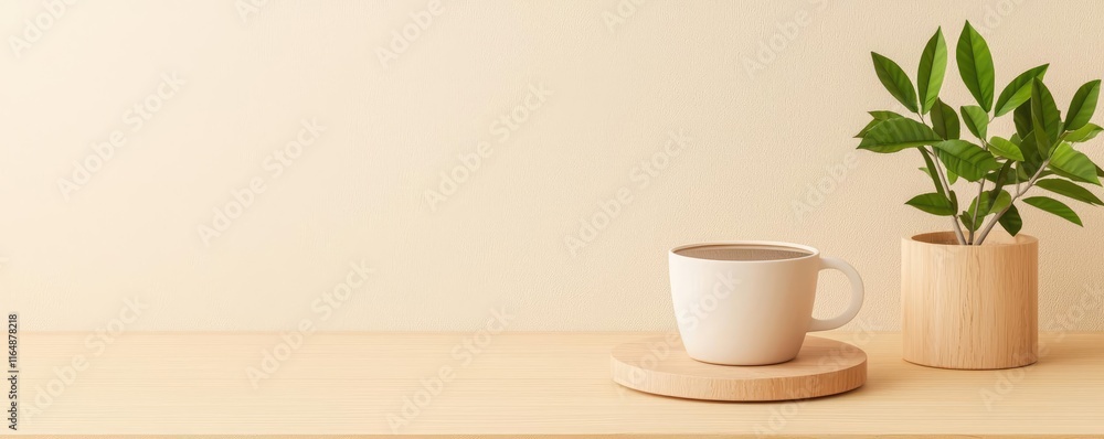 Minimal coffee concept. A serene setting featuring a cup and a green plant on a wooden surface. Minimal coffee concept. A serene setting featuring a cup and a green plant on a wooden surface.