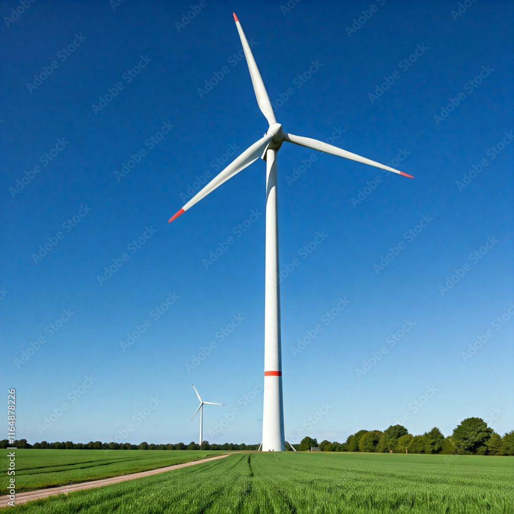 white wind turbine against a clear blue sky with lush green field and trees in foreground white wind turbine against a clear blue sky with lush green field and trees in foreground
