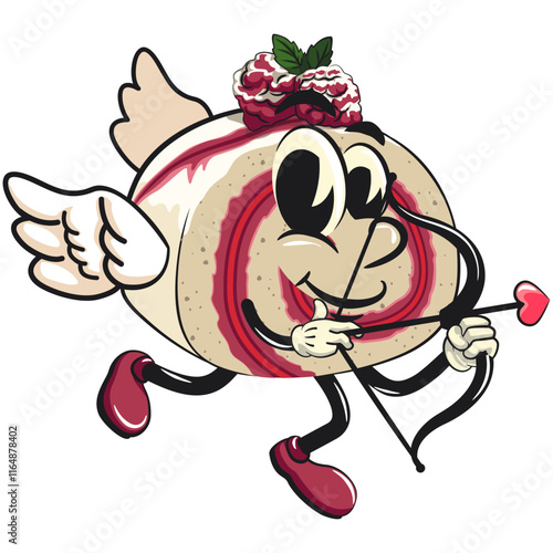 raspberry roll cake cute cartoon isolated vector illustration character mascot being cupid with angel wings and the arrow of love, work of hand drawn