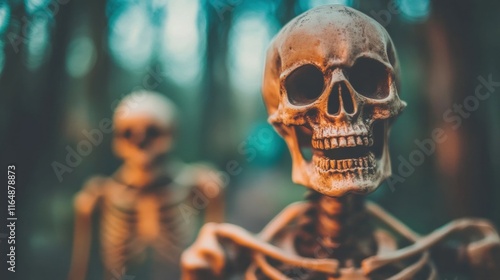 Skeletons partake in a Halloween celebration surrounded by eerie trees and a glowing pumpkin, creating a festive atmosphere at dusk