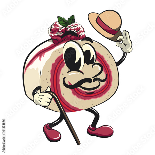 raspberry roll cake cute cartoon isolated vector illustration character mascot walk with a stick and saluting with raised hat, work of hand drawn