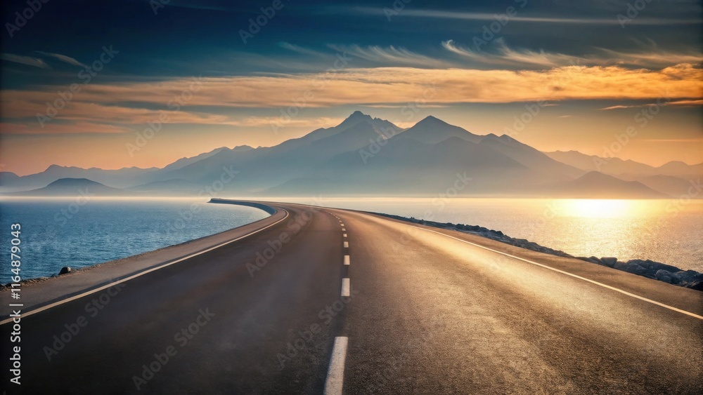 Asphalt road curving along a tranquil ocean coastline at sunset, with majestic mountains in the background creating a scenic and peaceful journey. Asphalt road curving along a tranquil ocean coastline at sunset, with majestic mountains in the background creating a scenic and peaceful journey.