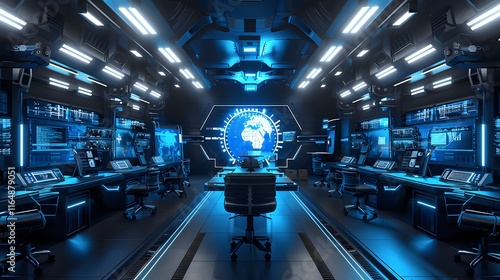 Futuristic Control Room Interior with Advanced Technology, Sleek Design, Interactive Screens, and Artificial Intelligence Visualization in a Bluish Color Palette