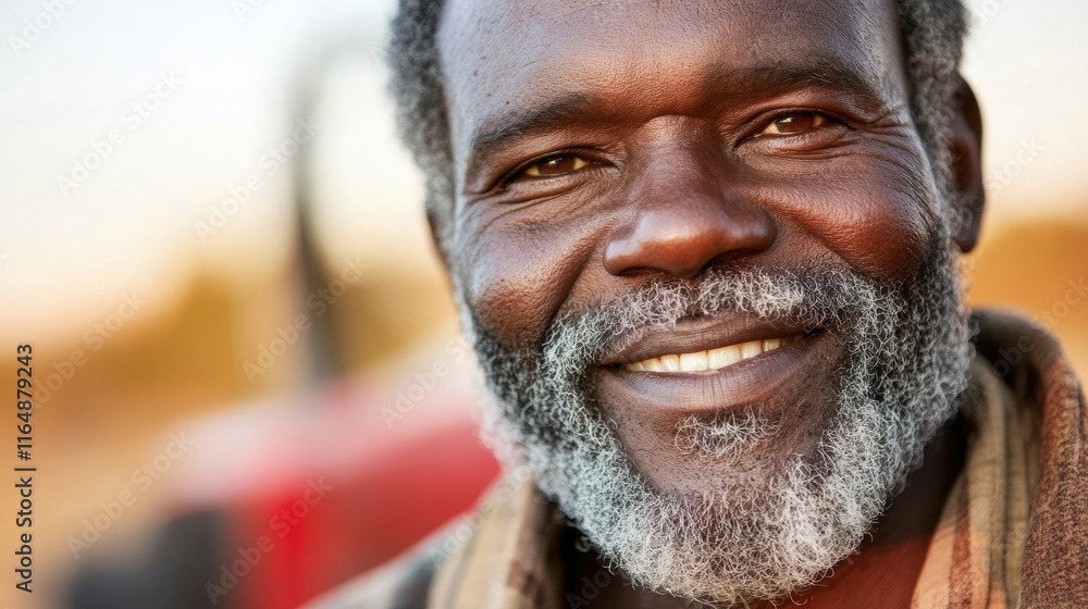 A smiling farmer stands in a field, showcasing his pride in agricultural work with a vibrant tractor visible behind him at sunset A smiling farmer stands in a field, showcasing his pride in agricultural work with a vibrant tractor visible behind him at sunset