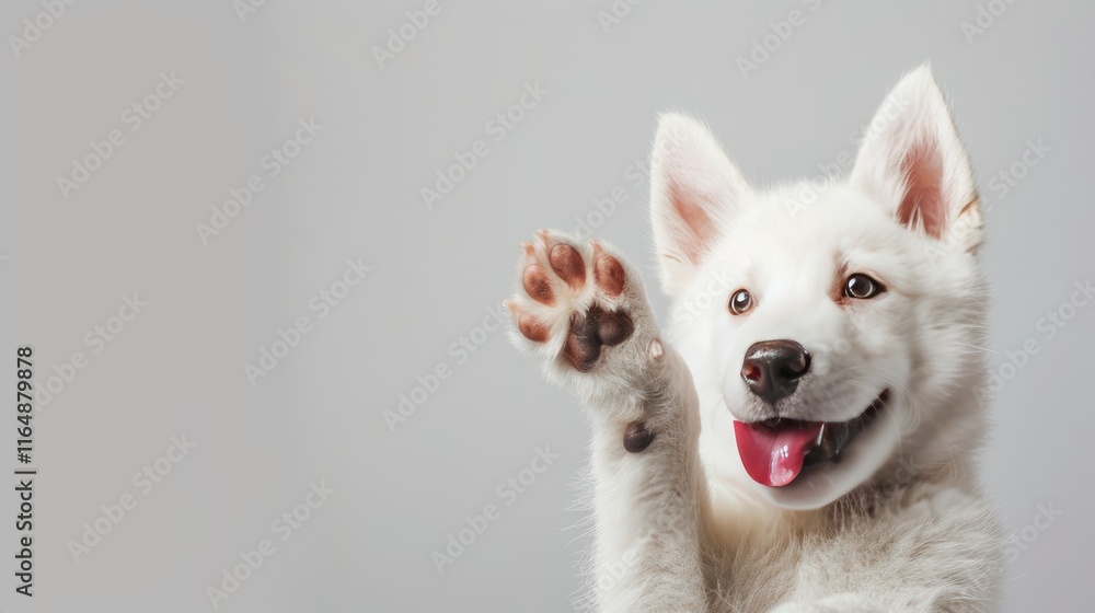 A cheerful white puppy waving its paw, showcasing a playful demeanor. A cheerful white puppy waving its paw, showcasing a playful demeanor.