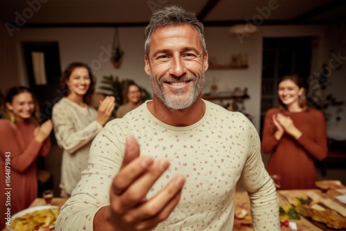 Happy mature man smiling and gesturing while his family claps in the background, celebrating a special moment together at home photo