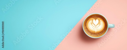 Minimal coffee concept. A beautifully crafted latte art on coffee against a pastel background. photo