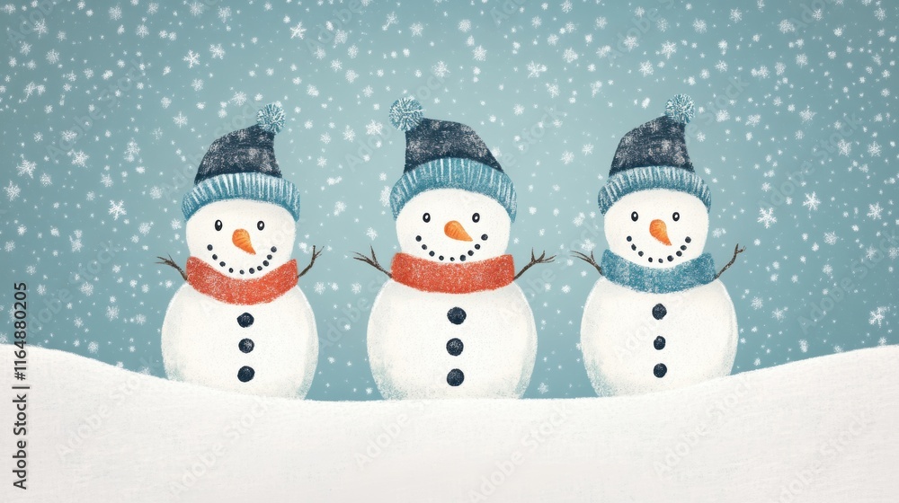 Three cheerful snowmen stand proudly against a soft blue backdrop, surrounded by gentle snowfall in a winter wonderland Three cheerful snowmen stand proudly against a soft blue backdrop, surrounded by gentle snowfall in a winter wonderland