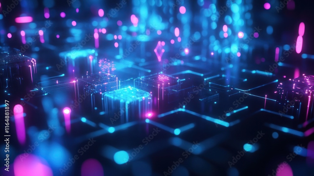Fototapeta premium Abstract digital circuit board with glowing nodes and lines.