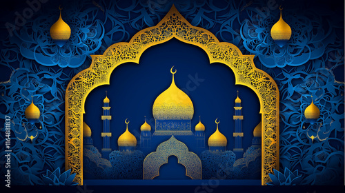 Ornate golden arches framing majestic mosque on dark blue background photo