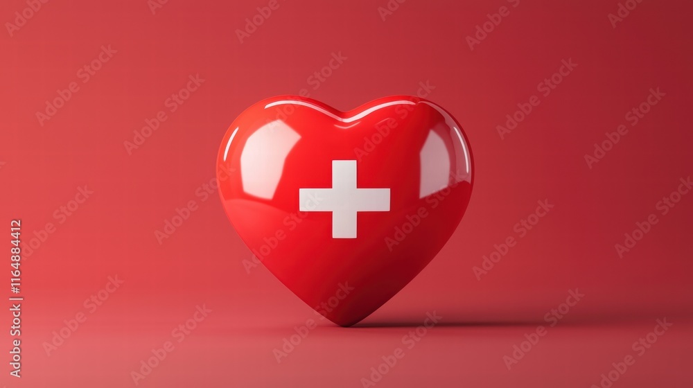 Obraz premium Glossy heart with Swiss cross symbol on red background