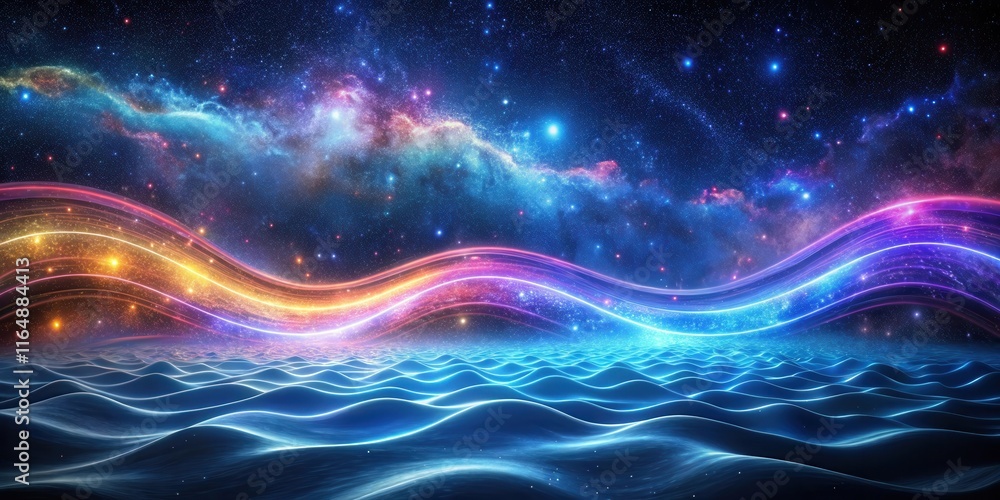 Celestial Waves Over a Glowing, Undulating Landscape Under a Starry Night Sky Celestial Waves Over a Glowing, Undulating Landscape Under a Starry Night Sky