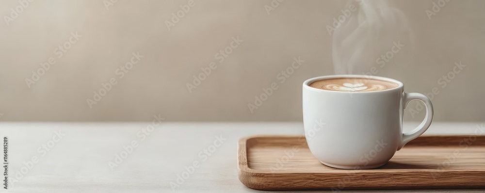 Obraz premium Minimal coffee concept. A steaming cup of coffee on a wooden tray, perfect for a cozy morning vibe.