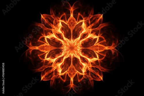 Fiery Mandala, abstract fire flower design on black background. photo