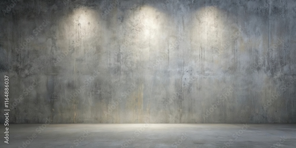 Empty industrial room with three spotlights illuminating a textured concrete wall and floor Empty industrial room with three spotlights illuminating a textured concrete wall and floor