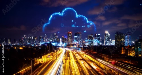 Wallpaper Mural A dynamic scene of cloud computing with a high-speed train racing through a modern cityscape, illustrating the fast-paced world of digital connectivity and technology. Torontodigital.ca