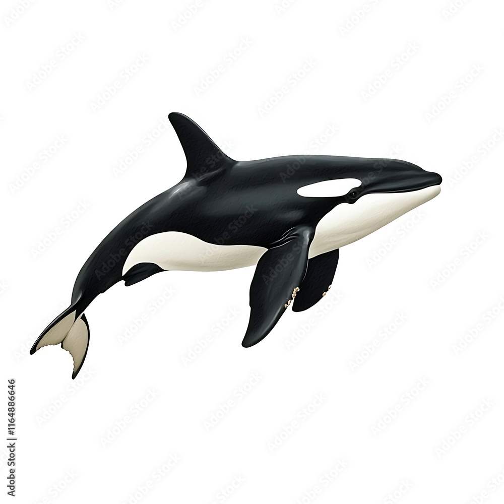 Obraz premium A digitally rendered illustration of an orca whale leaping out of the water against a white background.