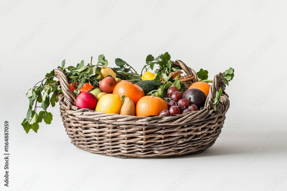 A wicker basket overflowing with a variety of fresh fruits and vegetables. A wicker basket overflowing with a variety of fresh fruits and vegetables.