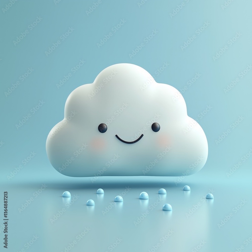 Cute Cartoon Cloud Character with Smiling Face and Raindrops Cute Cartoon Cloud Character with Smiling Face and Raindrops
