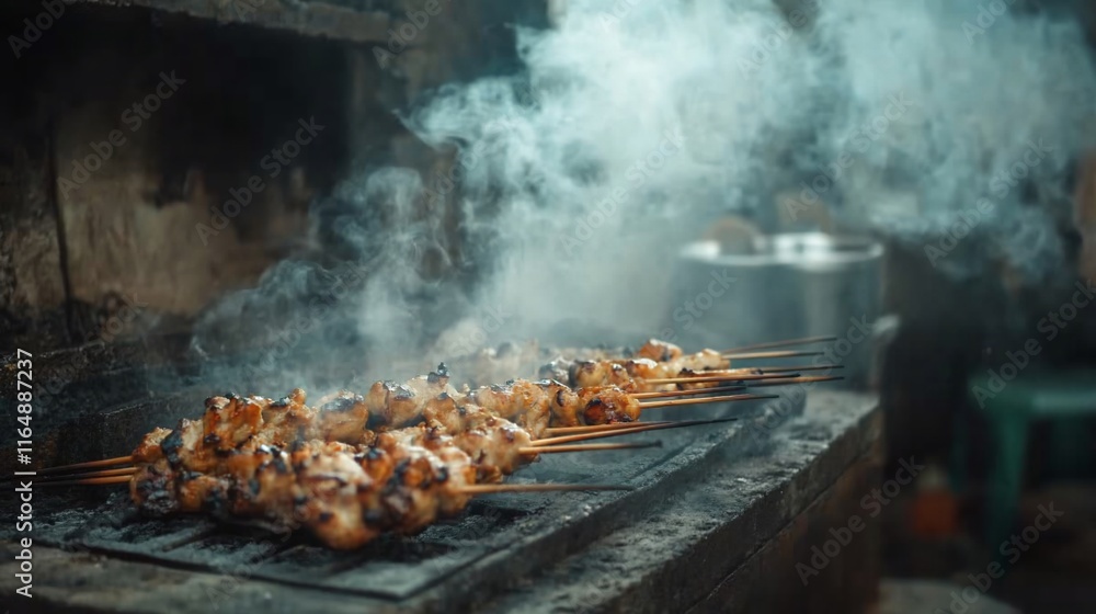 Smoky grilled chicken skewers on charcoal grill. Smoky grilled chicken skewers on charcoal grill.