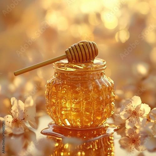 Golden Honey Jar with Wooden Dipper Surrounded by Blossoms photo