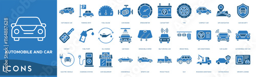 Automobile and Car icon. Hatchback Car, Parking Spot, Fuel Gauge, Car Engine and Speedometer