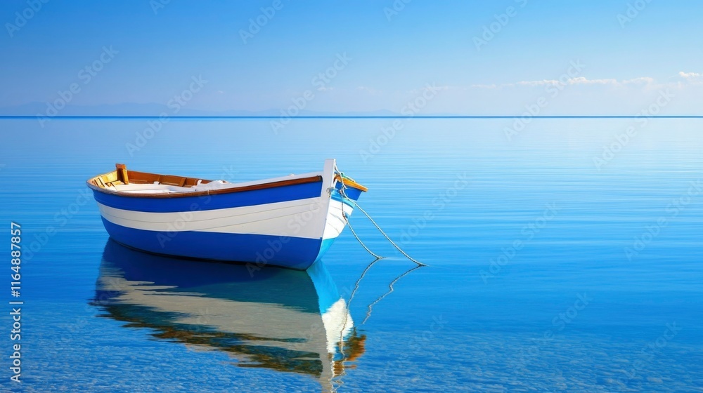 Fototapeta premium Blue and White Rowboat on Calm Ocean Water