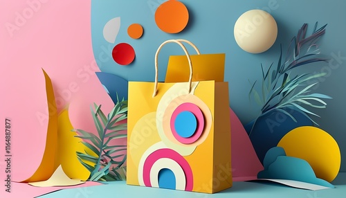 Creative paper bag design showcase studio environment graphic art colorful composition contemporary viewpoint vibrant aesthetic for branding photo