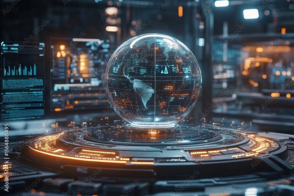 Fototapeta premium Holographic earth globe on futuristic tech console.