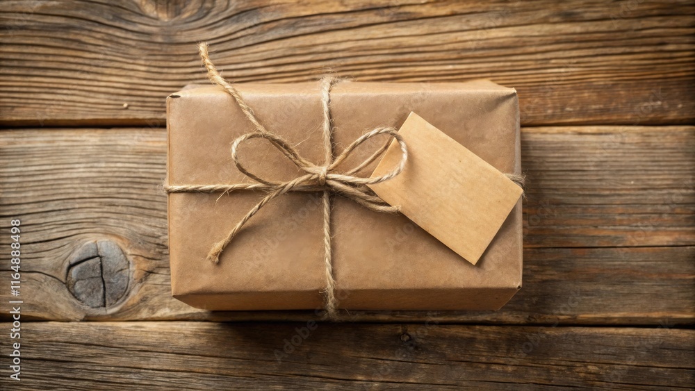 Rustic Brown Gift Box Tied with Twine and Blank Tag on Wooden Surface Rustic Brown Gift Box Tied with Twine and Blank Tag on Wooden Surface