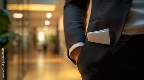Business Professional with Notebook in Pocket in Modern Office Setting