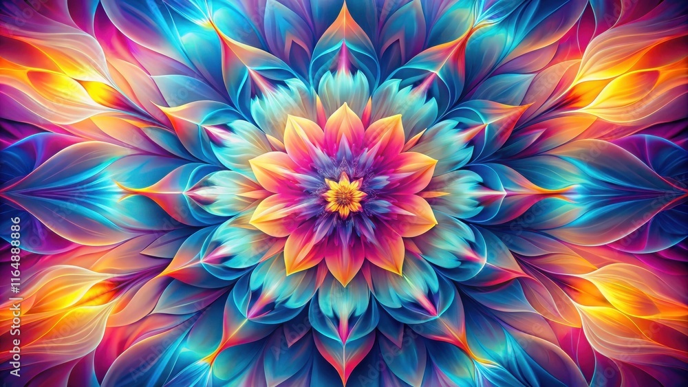 Vibrant, Multi-hued Abstract Floral Design with Symmetrical Petals and a Central Blossom Vibrant, Multi-hued Abstract Floral Design with Symmetrical Petals and a Central Blossom