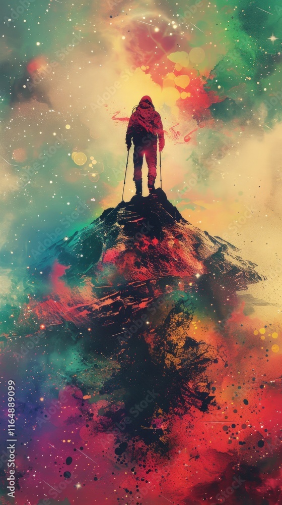 A lone figure stands atop a vibrant, cosmic mountain peak, gazing into a swirling nebula. A lone figure stands atop a vibrant, cosmic mountain peak, gazing into a swirling nebula.