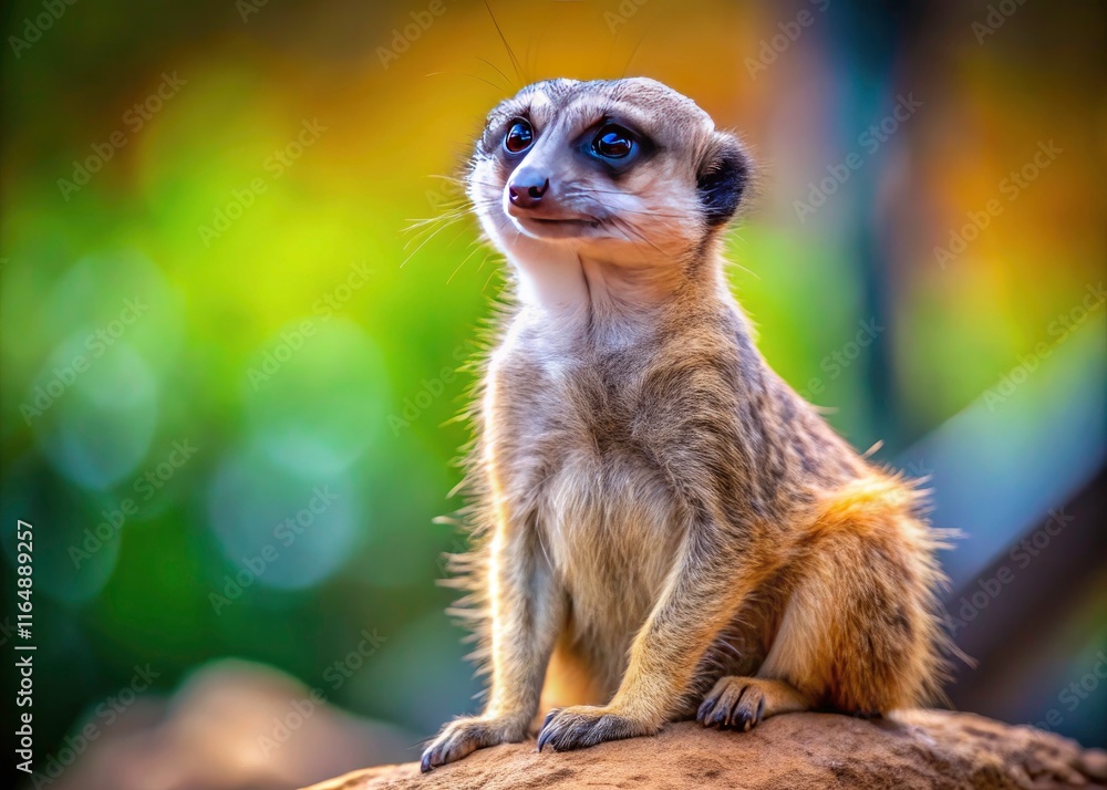 Fototapeta premium Tilt-shift transforms a watchful meerkat into a miniature world marvel; its sideways glance, a captivating wildlife portrait.
