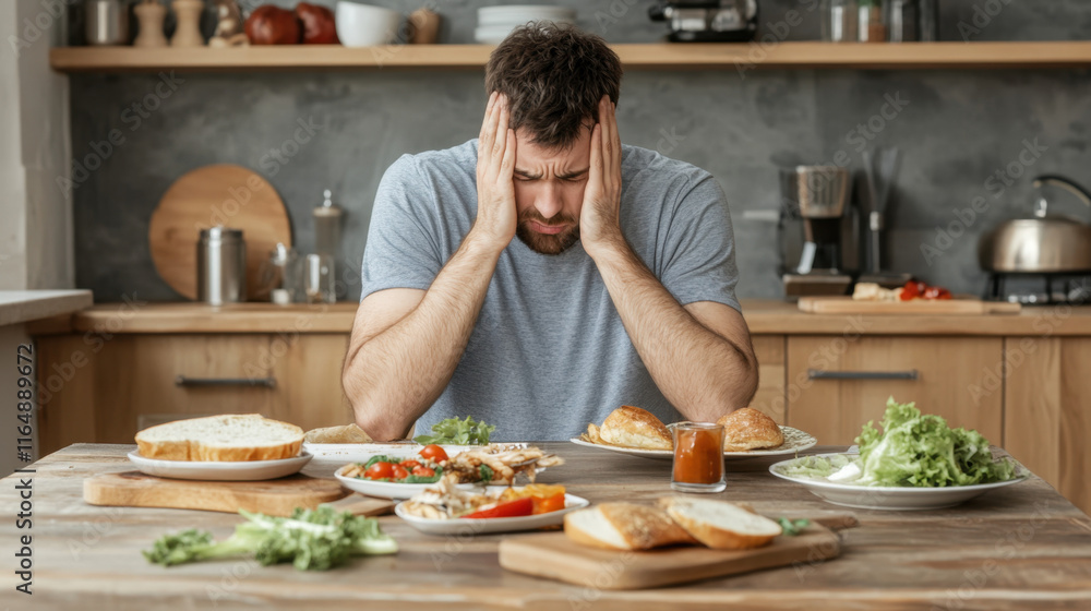 Eating Disorders, A person is sitting in front of a full meal, showcasing a moment of enjoyment, captured in a detailed stock image. Eating Disorders, A person is sitting in front of a full meal, showcasing a moment of enjoyment, captured in a detailed stock image.