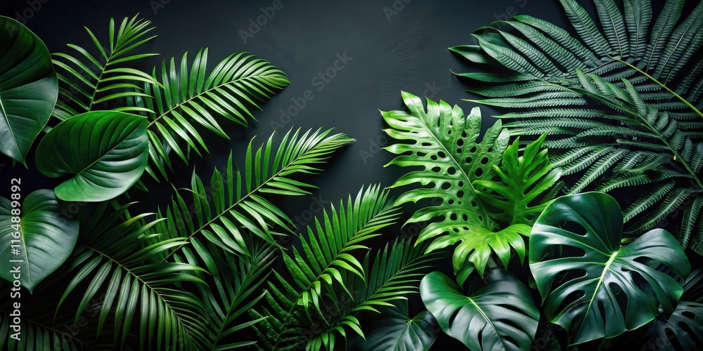 Fototapeta premium Lush Tropical Foliage Arranged Against a Dark Background for Design and Decoration