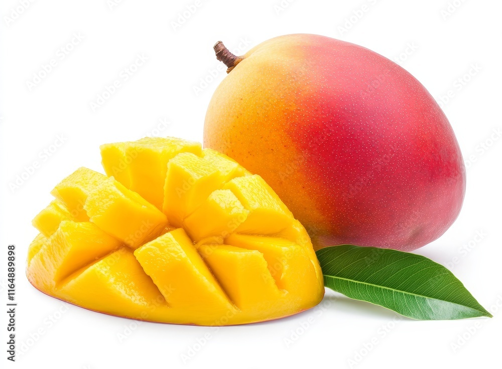 Ripe mango fruit with cut section and leaf, isolated on white. Ripe mango fruit with cut section and leaf, isolated on white.