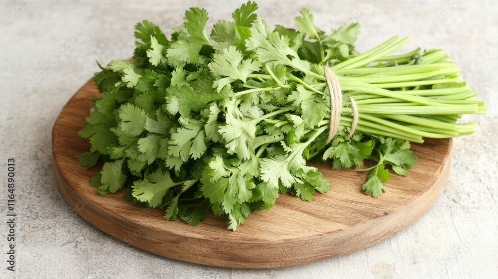 Fresh Cilantro Bunch on Wooden Cutting Board Fresh Cilantro Bunch on Wooden Cutting Board