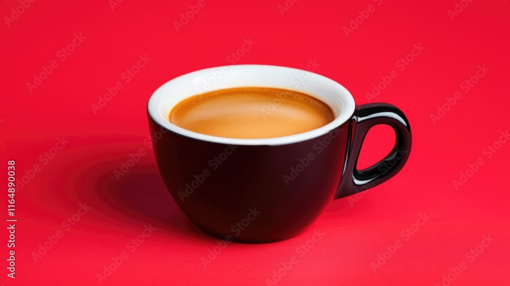 Minimal coffee idea. A black cup filled with coffee sits against a vibrant red background.