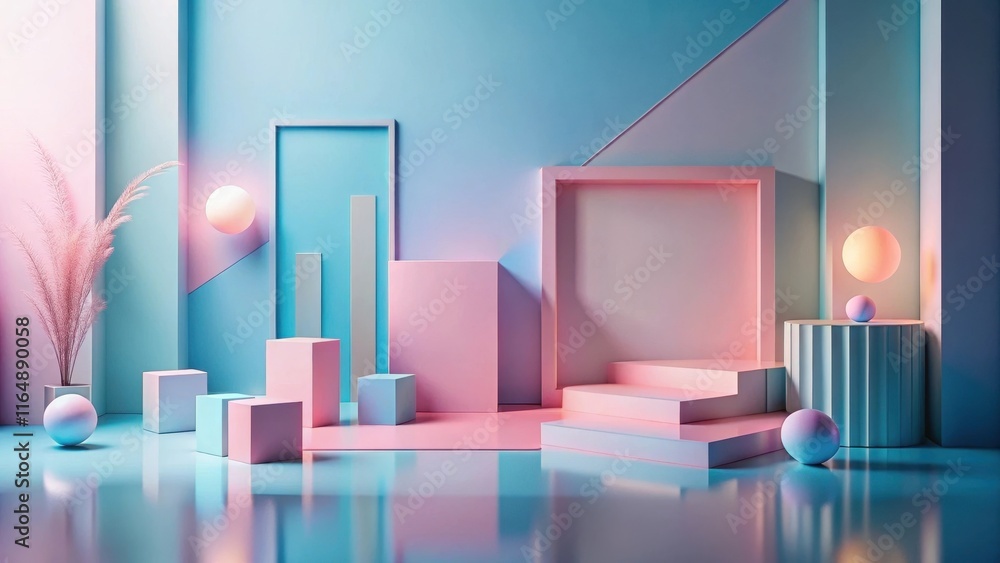 Pastel-hued minimalist scene with geometric forms and subtle lighting, featuring decorative plant and spherical accents on reflective surface Pastel-hued minimalist scene with geometric forms and subtle lighting, featuring decorative plant and spherical accents on reflective surface