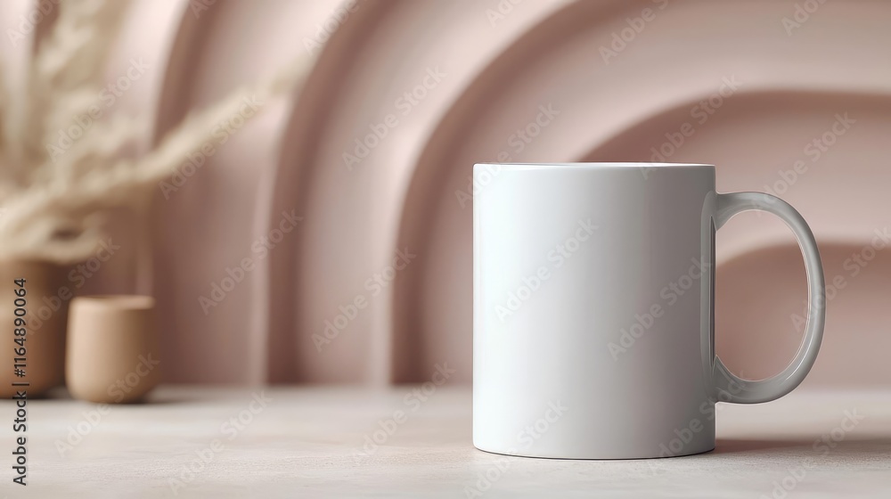 Minimal coffee idea. Stylish white mug displayed on a minimalist countertop against a soft textured background. Minimal coffee idea. Stylish white mug displayed on a minimalist countertop against a soft textured background.